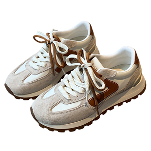 【TFM】2026春季新款牛反绒拼色系带防滑厚底阿甘鞋女运动休闲鞋