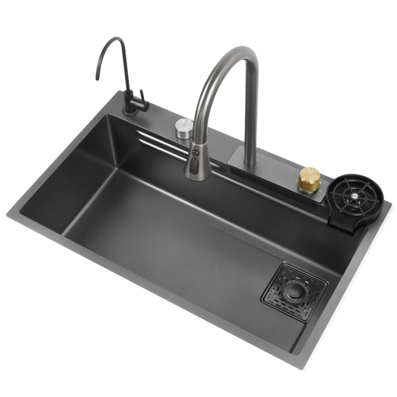 飞雨瀑布水槽纳米黑304不锈钢大单槽厨房家用洗碗池台下洗菜盆多图0