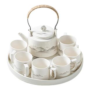 新款白瓷提梁壶功夫茶具套装陶瓷家用简约水墨防烫把耳杯茶壶整套