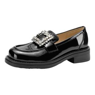 复古乐福鞋女2026新款通勤粗跟增高一脚蹬水钻方扣小皮鞋百搭单鞋