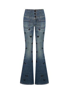 Maison Wester春季新品千金风喇叭裤子蓝色显瘦高腰牛仔裤长裤女