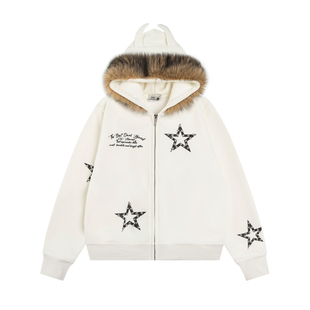 HTTAOSUP美式复古星星恶魔角加绒开衫外套男女宽松可拆卸毛领卫衣