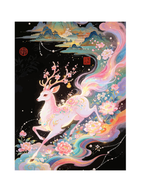 七彩神鹿数字油画DIY填充色手绘