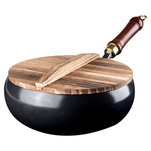 旗匠第四代旗匠钛铁大肚锅家用炒锅复古深锅木盖款圆底开锅发货