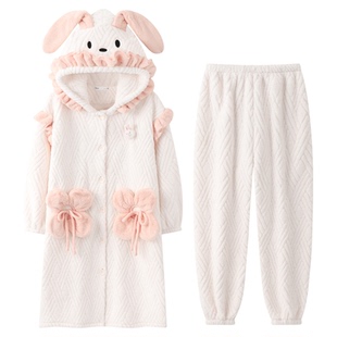 都市丽人睡袍女秋冬2026新款珊瑚绒睡衣加厚可爱家居服套装三件套