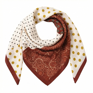 65-65棉麻小方巾丝巾女蓝白拼接金色花纹黑色点点腰果花时尚配饰