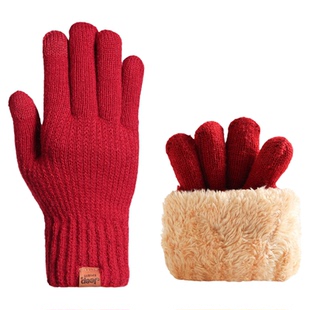 jeep东北冬季保暖手套男骑行防风寒加绒加厚针织电动车触屏女红色