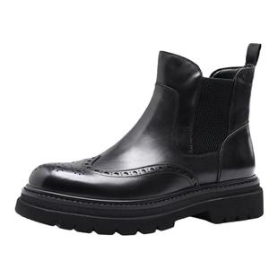 复古胎牛皮男士切尔西靴布洛克烟筒厚底增高商务休闲真皮加绒短靴