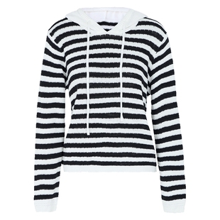 马天奴春季新款黑白条纹提花针织衫连帽抽绳毛衫毛衣上衣时尚女装