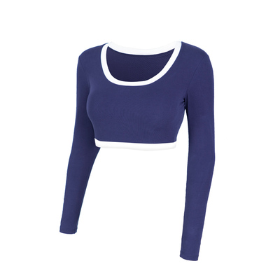 露脐上衣纯棉欧美u领长袖打底t恤