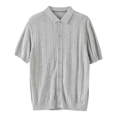 LUUD 时尚百搭花纱混色亚麻针织开衫男夏莱赛尔混纺翻领短袖外套