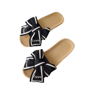 2025夏季新款亚麻拖鞋女居家蝴蝶结静音可外穿软底家居室内凉拖鞋