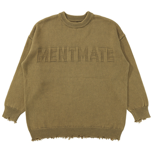 Mentmate 2W 秋冬小众重磅做旧破洞logo圆领毛衣 男女套头上衣
