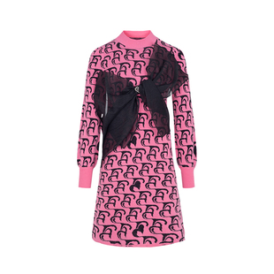 郁香菲提花针织连衣裙女优雅通勤秋冬时尚蝴蝶结圆领灯笼袖直筒裙