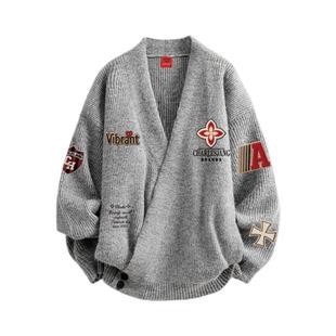 查尔斯桃心美式印花慵懒开衫毛衣男冬季新款宽松休闲情侣针织外套