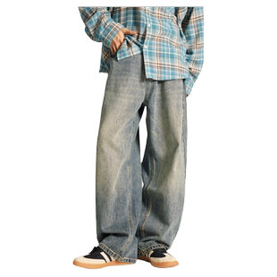 XAKA2024新款宽松直筒阔腿牛仔裤男复古潮流水洗做旧垂感拖地长裤