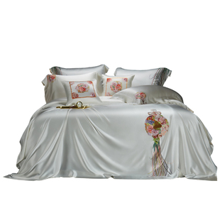 35姆米刺绣真丝四件套100%桑蚕丝手绣高端可定制床上用品花团锦簇