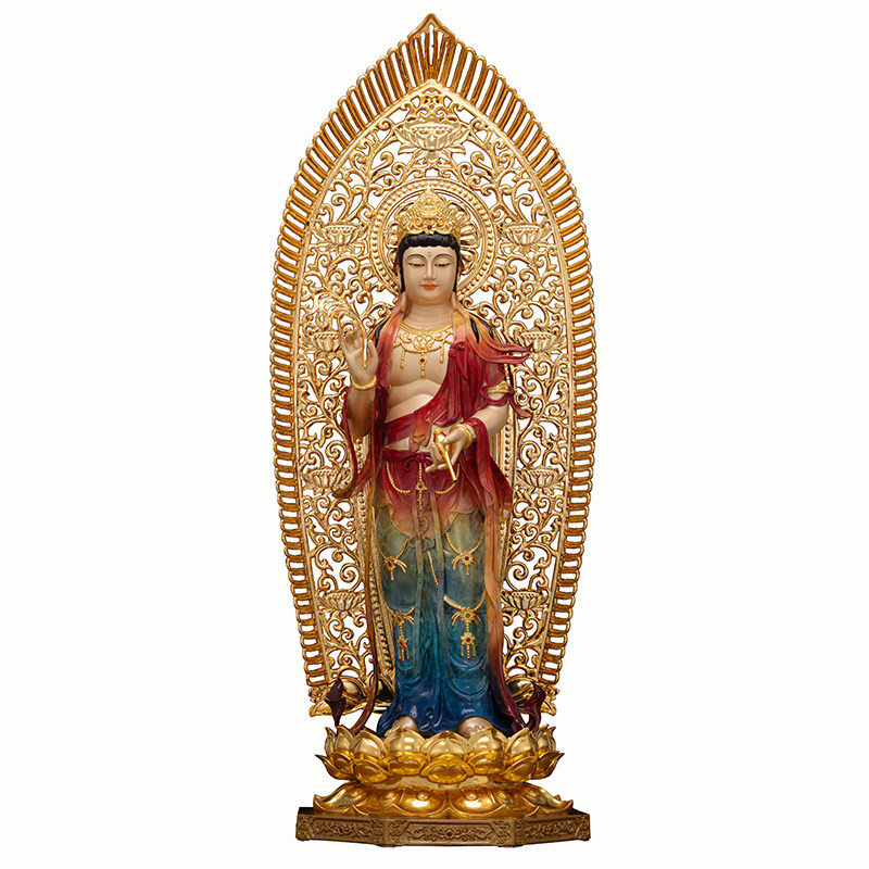 台湾全铜热灼鎏金西方三圣佛像彩绘观音菩萨大势至阿弥陀佛像摆件