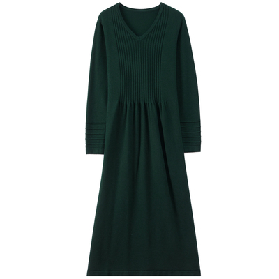 中年妈妈V领时尚宽松羊毛连衣裙