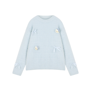 Amybaby女童上衣冬季2025新款软绒kt猫小玩偶可爱格子蝴蝶结毛衣