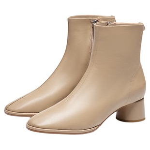 小奶皮蹀愫秋冬靴子羊皮增高时装靴加绒瘦瘦靴粗跟短靴TA43704-11