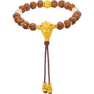 周六福黄金5D硬金和田白玉祥福菩提谛听金镶玉手串九华山新年礼物