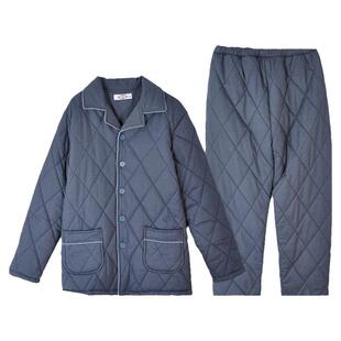 美标新款三层夹棉加厚睡衣男士加大码冬季纯棉保暖家居服套装