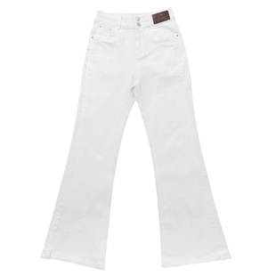 白色加绒直筒微喇牛仔裤女春秋高腰不贴腿筒喇裤宽松窄版阔腿裤子