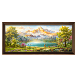 聚宝盆山水画客厅装饰画西墙聚财沙发背景墙挂画手绘油画大气壁画