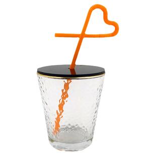 美发店杯子网红金边吸管杯锤纹带盖玻璃杯饮料杯杯盖定制LOGO水杯