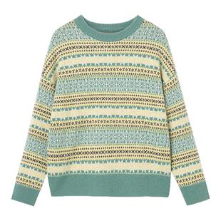 布景毛衣女冬季新品复古慵懒风圆领宽松直筒针织衫外套上衣1679