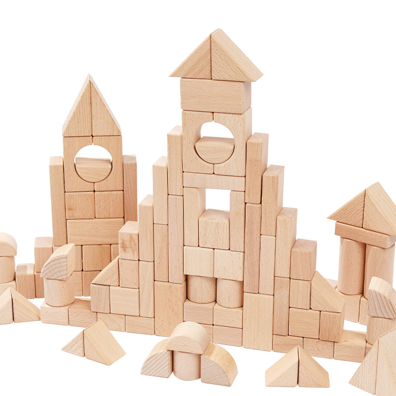 榉木大颗粒原木无漆积木婴儿童益智宝宝实木木头早教拼图桶装玩具