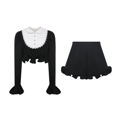 Maison Wester夏季时尚甜美复古黑白拼接泡泡袖衬衫A字荷叶边短裤