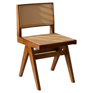 实木餐椅家用中古风昌迪加尔椅侘寂风靠背椅藤编椅子带扶手休闲椅