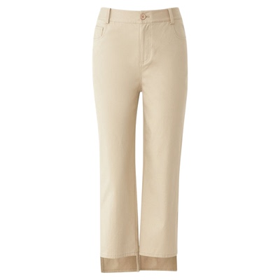 AUM噢姆夏季简约杏色修身直筒开叉裤女小个子