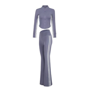 修身显瘦瑜伽套装女跑步户外运动立领外套高腰收腹微喇长裤两件套