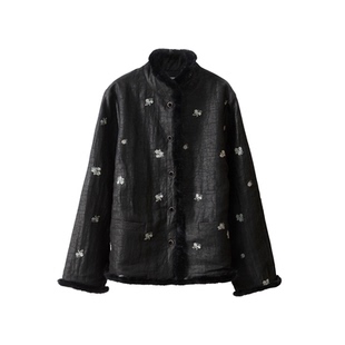 SILVIYE溯也 填充100%桑蚕丝龟纹香云纱水貂毛国风立领真丝棉服冬