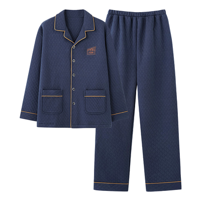 秋冬款睡衣男士夹层空气棉加大码中年爸爸加厚纯棉长袖家居服套装