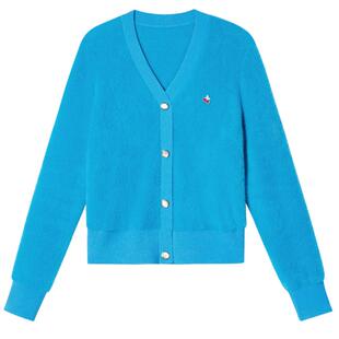 SALT.P可颜清新孔雀蓝V领樱桃胸针毛绒感开衫毛针织衫冬