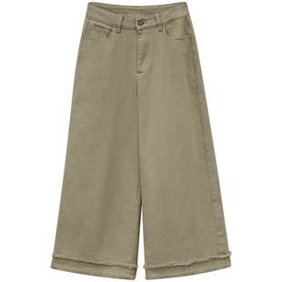 一三良品小个子 怒推的裤子~毛边卷边浅卡其白色九分裤阔腿牛仔裤