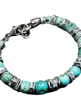 天然绿松石串珠氧化纯银中性手链