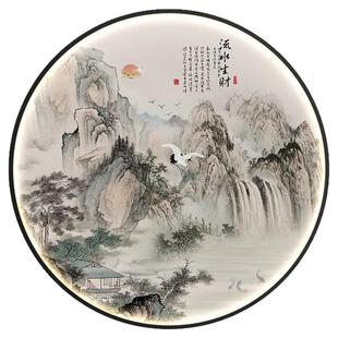 宋式美学圆形山水画新中式玄关装饰画客厅茶室背景墙壁画靠山灯画