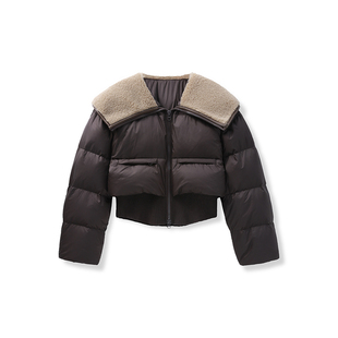 YANGLE_翻领羽绒服女2025年冬季新款羊羔毛拼接保暖短款羽绒外套