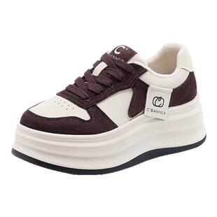 千百度板鞋女真皮松糕熊猫小白鞋2024冬季新款加绒加厚百搭厚底鞋