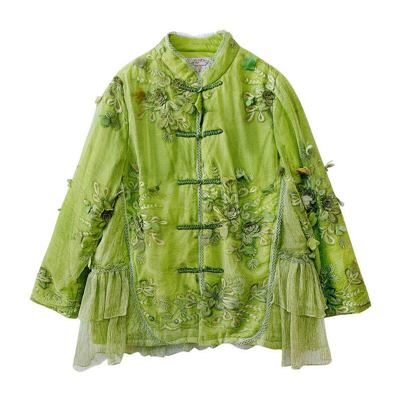 桑蚕丝棉服女小个子时尚减龄宽松显瘦复古绿色高端刺绣短棉衣外套