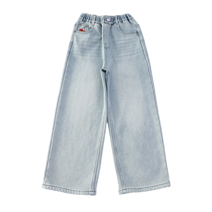 女童冬装加绒牛仔裤子春秋新款中大儿童初中生女孩宽松直筒阔腿裤