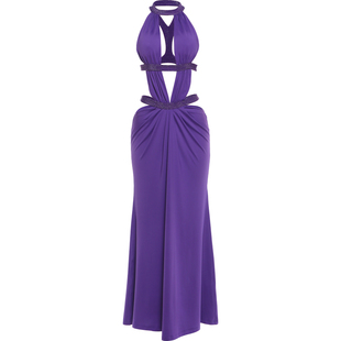 #Sisjuly#高级名媛三色堇紫礼服 褶皱镂空性感露背挂脖连衣裙女秋