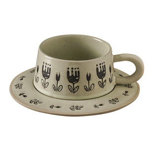 日式复古咖啡杯碟套装陶瓷杯手绘粗陶马克杯高级感生日礼物伴手礼