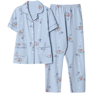 老年人女士夏季短袖开衫纯棉睡衣中年妈妈夏天休闲薄款家居服套装