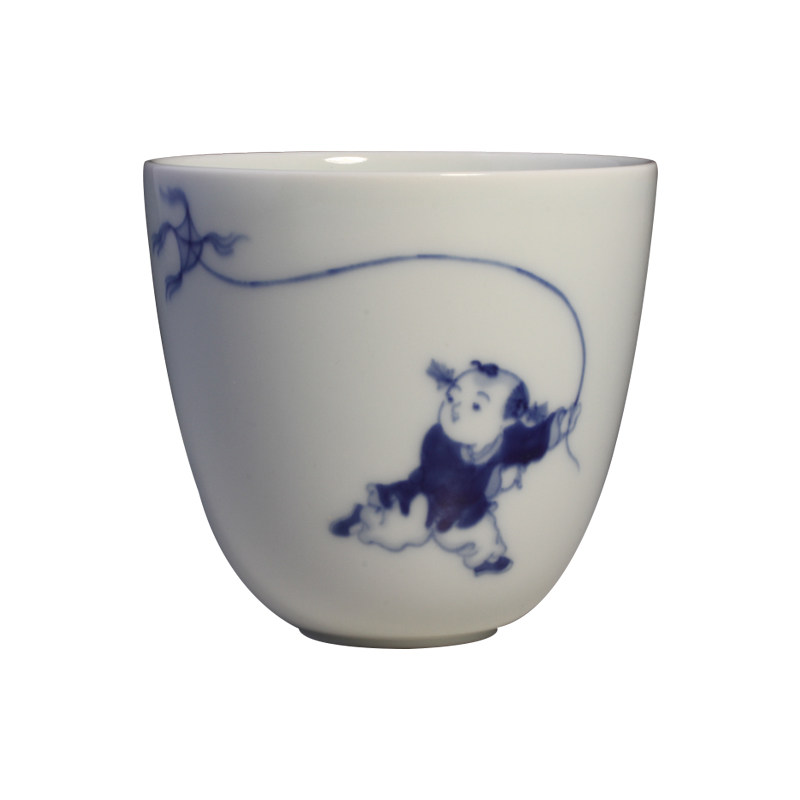 台湾晓芳窑手绘青花婴戏顽童如月杯主人杯品茗杯蔡晓芳功夫茶杯